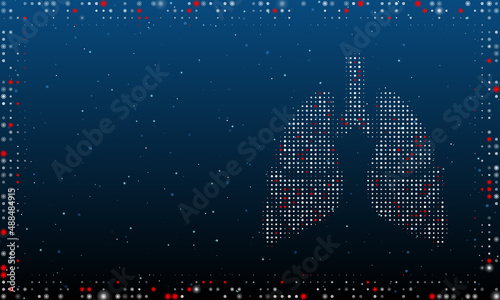 On the right is the lungs symbol filled with white dots. Pointillism style. Abstract futuristic frame of dots and circles. Some dots is red. Vector illustration on blue background with stars