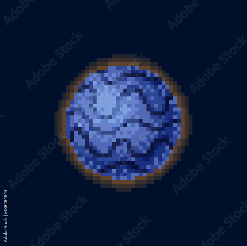 Aqua planet of solar system in pixel art design isolated blue world globe icon. Vector scientific celestial body in atmosphere, geography object. Interstellar astrology planet 8bit game design element