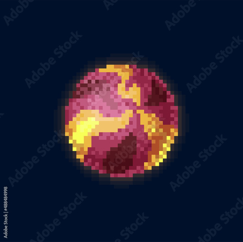 Fantastic planet of pixel patterns, circle meteorite solar system body in fire.Vector alien world, discovery of universe, galaxy, outer space. Round surface globe, celestial body 8 bit game design