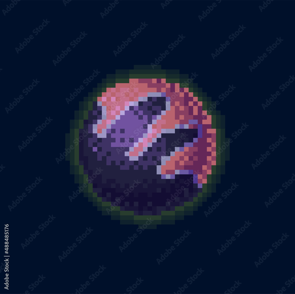 Pixel space planet galaxy globe sphere with crater in purple violet colors. Vector 8 bit game design element, alien world globe icon. Celestial body in atmosphere, planet of solar system in pixel art Pixel space planet galaxy globe sphere with crater in purple violet colors. Vector 8 bit game design element, alien world globe icon. Celestial body in atmosphere, planet of solar system in pixel art
