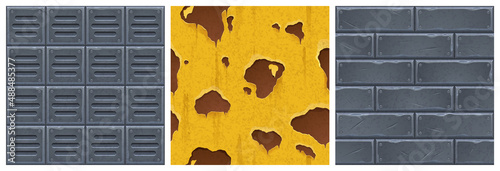 Textures of steel plates, old metal wall with rust and peeling paint for game background. Vector cartoon set seamless patterns with iron panels, grates with rivets and rusty surface with flaky paint