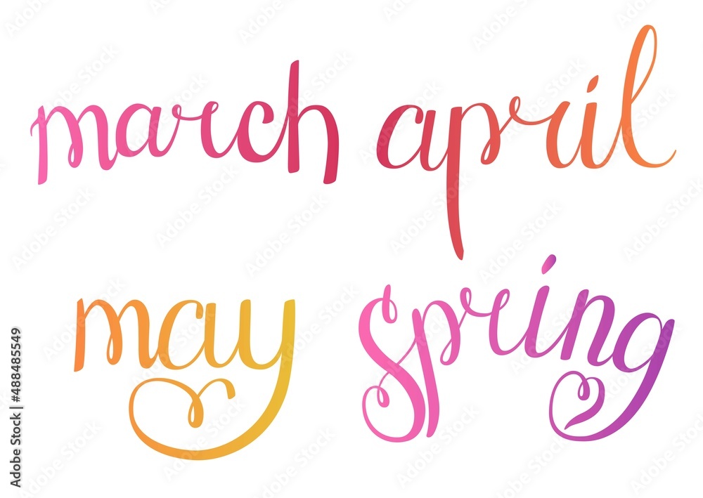Spring lettering in gradient. Spring months march, april and may lettering. Vector handwritten typography. Calligraphic season inscription