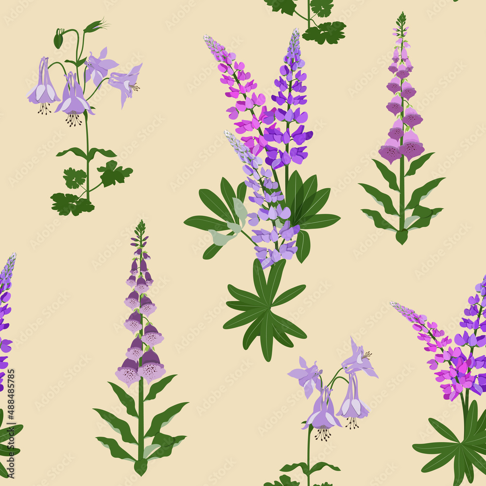 Floral seamless pattern. Branch lupine, digitalis and aquilegia on a beige background.