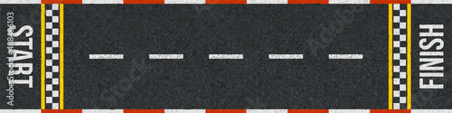 Top view of race car track with start and finish line. Vector cartoon illustration of straight road for auto rally competition with white grid pattern marking on asphalt