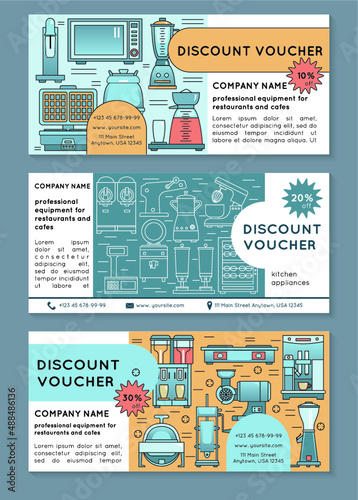 Discount voucher template for the shop of proffesional kitchen equipment for cafes and restaurants. Vector flyer. Horizontal banner with different kitchen appliances. Line and flat style.