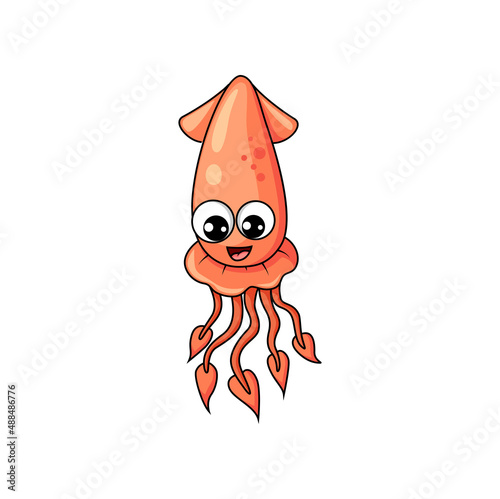 Hooked red squid personage isolated underwater cartoon character. Vector marine animal emoticon, neritic sharpear squid mollusk, giant shellfish aquatic organism with face and eyes, armhook squid