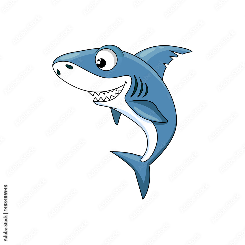 Fototapeta premium Angry toothed shark isolated funny cute cartoon character. Vector white toothy shark personage, carcharias or carcharodon predator, dangerous animal with jaws, giant marine creature, great shark