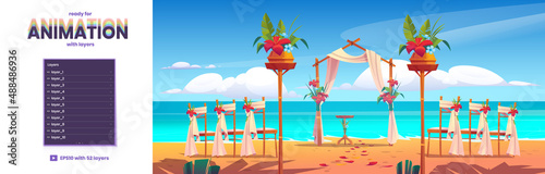 Beach wedding arch and decoration on seaside parallax background with 2d separated layers ready for game animation. Floral archway and chairs stand on ocean sandy shore, Cartoon vector illustration