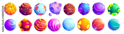 Set of fantastic alien planets, cartoon asteroids, galaxy ui game cosmic world objects, space design elements. Pimpled spheres, comets, moon with craters on surface, plasma and ice Vector illustration
