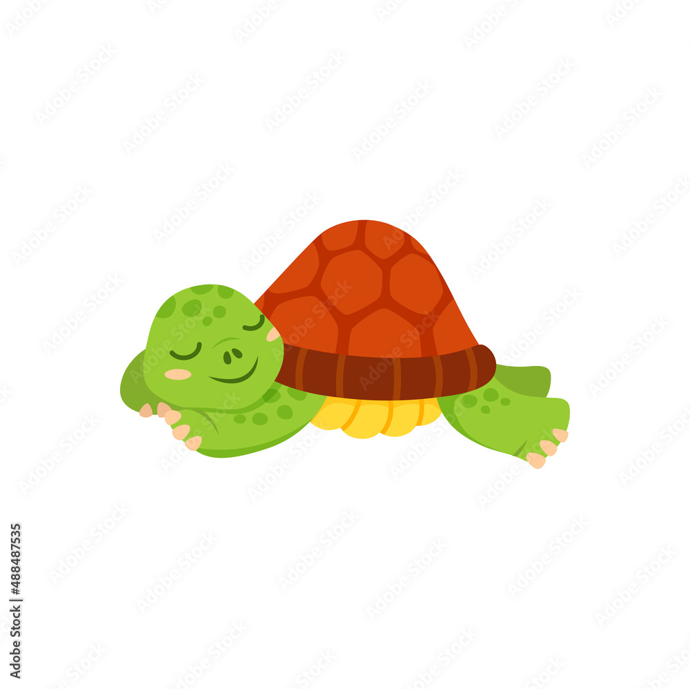 Obraz premium Cute friendly aquatic and terrestrial reptilian dreaming resting or sleeping. Vector adorable sea or land dwelling reptile, funny kids turtle toy. Cartoon smiling turtle, funny little animal on rest