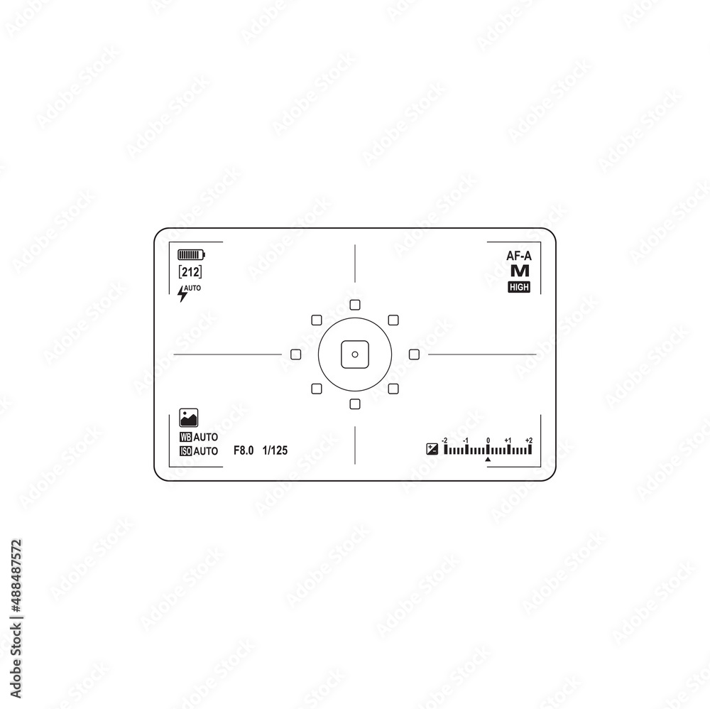 Camera video recording display frame isolated screen viewfinder. Vector photo or videocamera viewfinder grid with many shooting settings on screen, exposure and camera options, auto blink image Camera video recording display frame isolated screen viewfinder. Vector photo or videocamera viewfinder grid with many shooting settings on screen, exposure and camera options, auto blink image