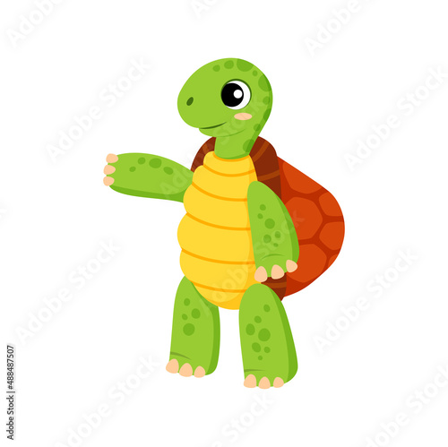 Childish marine green turtle pointing by hand on something isolated cute cartoon character. Vector tortoise showing way or direction, cute underwater animal reptilian, wildlife creature