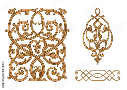 Classical luxury old fashioned royal baroque, historical ornament with lilies, victorian floral Clip art, set of elements for design Vector illustration.