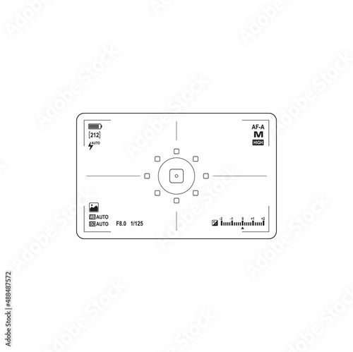 Camera video recording display frame isolated screen viewfinder. Vector photo or videocamera viewfinder grid with many shooting settings on screen, exposure and camera options, auto blink image