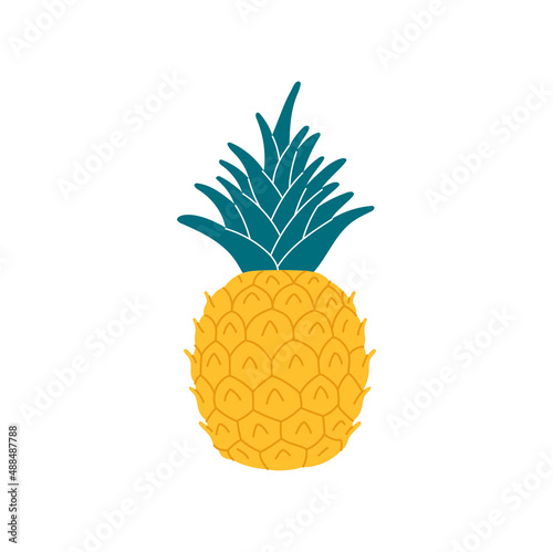Ananas or pineapple tropical fruit isolated flat cartoon style icon. Vector exotic pineapple with bunch of leaves, tropical food snack. Summer juicy vegetarian ripe organic dessert, whole ananas