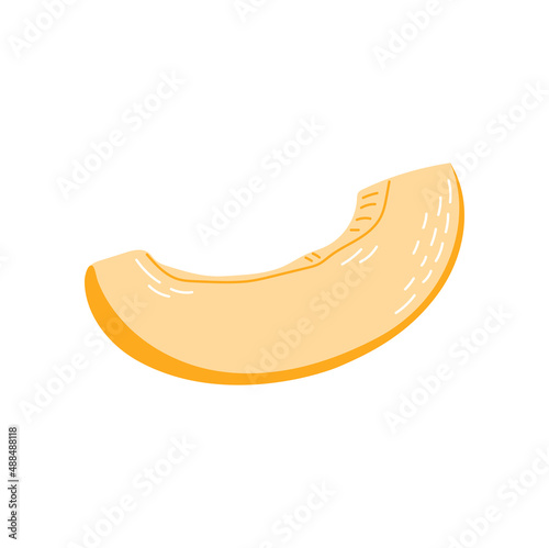 Sweet melon cut slice isolated flat cartoon style icon. Vector cantaloupe food, muskmelon cantaloup, summer food snack. Vegetarian fruit healthy dieting cantaloupe, sliced orange and yellow melon