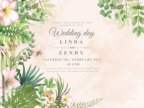 Elegant greenery floral hand drawn wedding invitation card