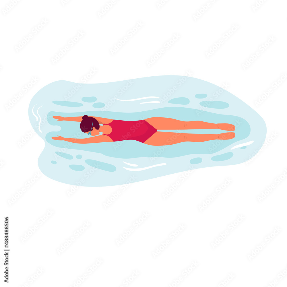 Fototapeta premium cute girl swim under water on summer holiday isolatted on white. woman swimmer in red swimsuit and goggles. vector cartoon flat