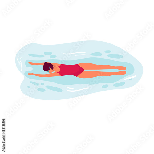 cute girl swim under water on summer holiday isolatted on white. woman swimmer in red swimsuit and goggles. vector cartoon flat