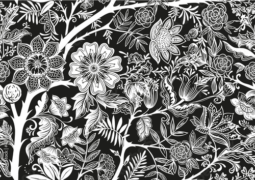 Seamless pattern with stylized ornamental flowers in retro, vintage style. Black and white graphics. Vector illustration.