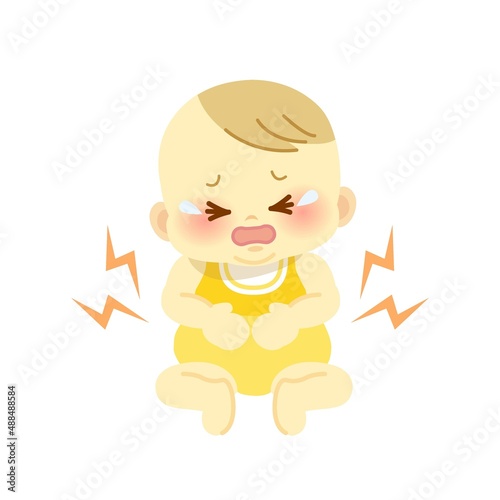イラスト素材:誤飲や腹痛で痛がってお腹を押さえて赤い顔をして泣く赤ちゃん
