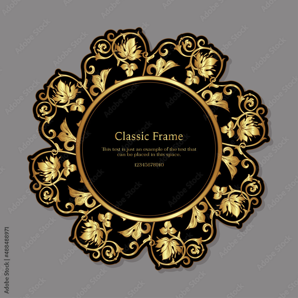 Baroque frame decor. Detailed rich ornament graphic line art. Vector illustration in gold and black Baroque frame decor. Detailed rich ornament graphic line art. Vector illustration in gold and black