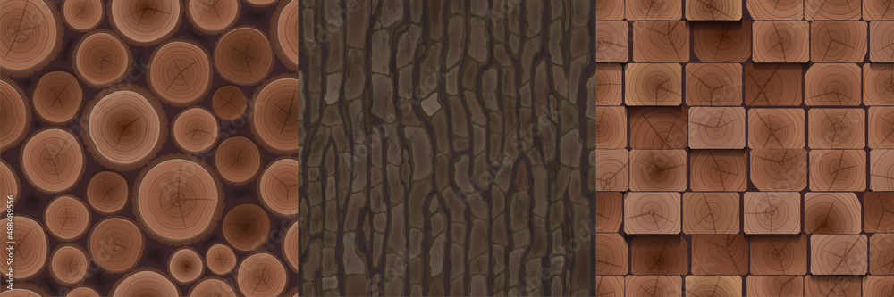 Wooden textures of cut trunks, brown tree bark and boards. Vector cartoon set of seamless patterns with woodpile, stack of logs, timbers, lumber and rough tree cortex
