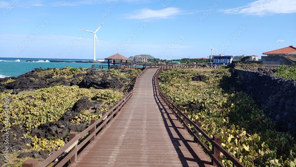 A small wooden walkway surrounding the seaside village.