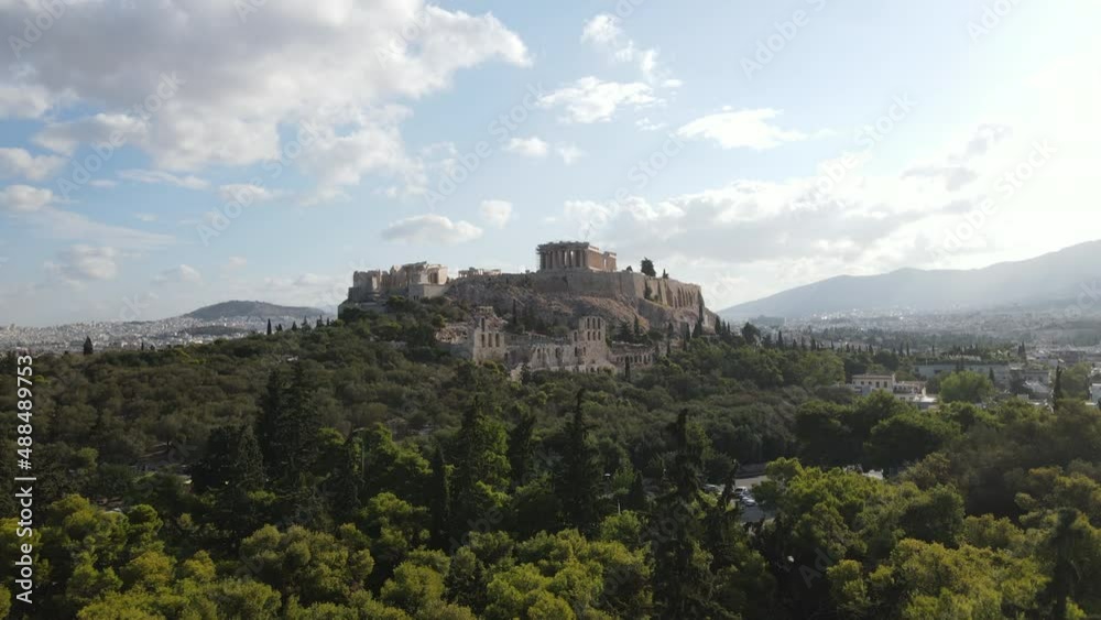 Aerial View of Acropolis of Athens From Filopappou Hill Park on Sunny Morning, Drone Shot Aerial View of Acropolis of Athens From Filopappou Hill Park on Sunny Morning, Drone Shot