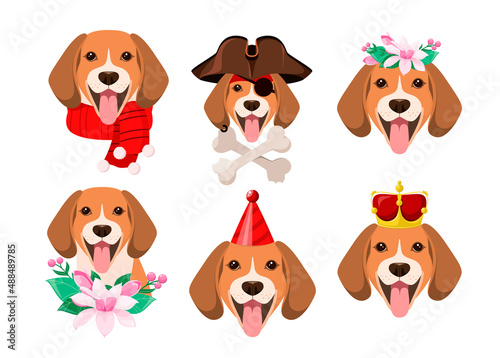 A set of funny beagle dogs on a white background. Cartoon design. Vector illustration.