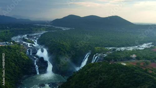 Waterfall Aerial view - Bird's eye view of Huge tropical waterfalls Karnataka India