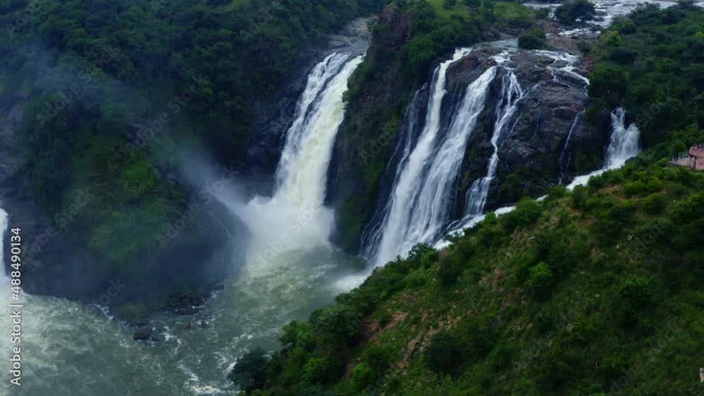 Waterfall Aerial view - Bird's eye view of Huge tropical waterfalls Karnataka India Waterfall Aerial view - Bird's eye view of Huge tropical waterfalls Karnataka India