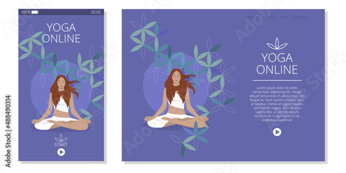 A young woman meditates in the lotus position. Template concept for the application and website of yoga online classes. Yoga is love. Color vector illustration.