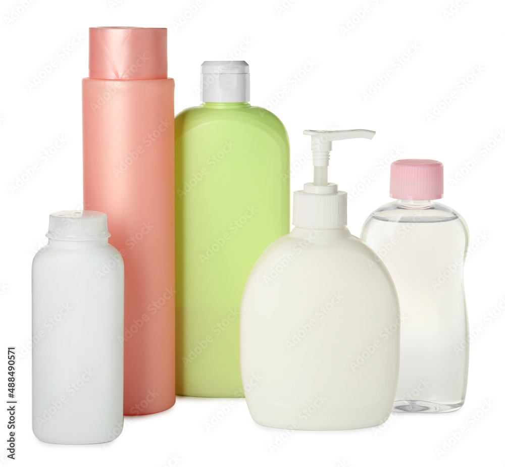 Bottles of baby cosmetic products on white background Bottles of baby cosmetic products on white background