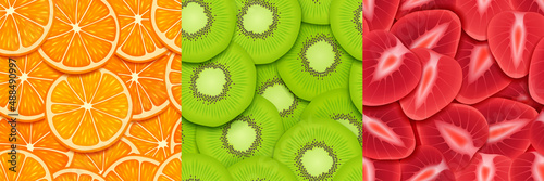 Textures of orange, kiwi and strawberry slices. Seamless patterns with tropical fruit pieces. Vector bright backgrounds of cut ripe tropic fruit for game design