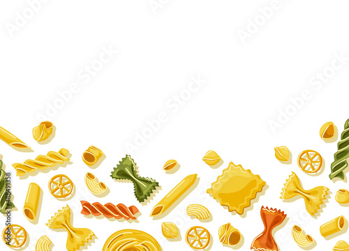 Different colored pasta background.Italian cuisine. Homemade pasta. Decor of the restaurant menu. Vector cartoon illustration.