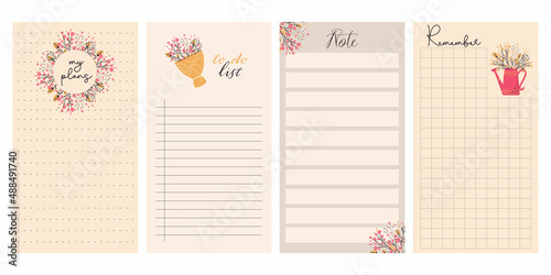 Set of planners and to-do list with spring illustrations, flower arrangements, bouquet. Template for agenda, timetable, planners, checklists, notepads, postcards and other stationery