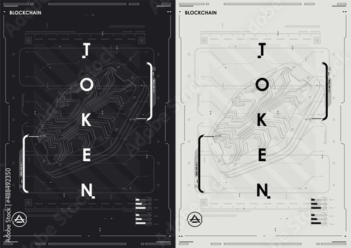 Tech Abstract poster template with HUD elements. cyber culture, Modern flyer for web and print. hacking, Cyberpunk futuristic poster. programming and virtual environments.