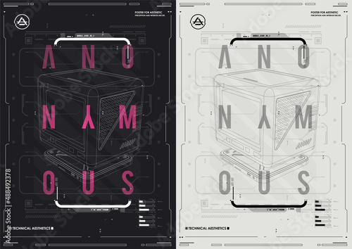 Tech Abstract poster template with HUD elements. cyber culture, Modern flyer for web and print. hacking, Cyberpunk futuristic poster. programming and virtual environments.