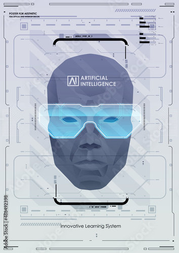 AI and technology concept. Abstract glowing colorful digital brain with circuit background. Futuristic design of an Artificial Intelligence brain with futuristic hud elements.