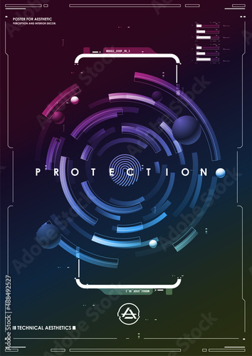 Cyber security. Online information protect, internet digital technology background. Fingerprint scanning on futuristic neon background.