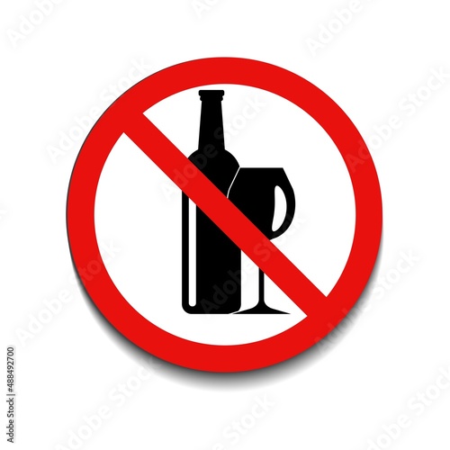 No alcohol sign with red round crossed bottle and wineglass on white background. Not allowed alcohol symbol. Vector illustration in trendy round flat style. EPS 10