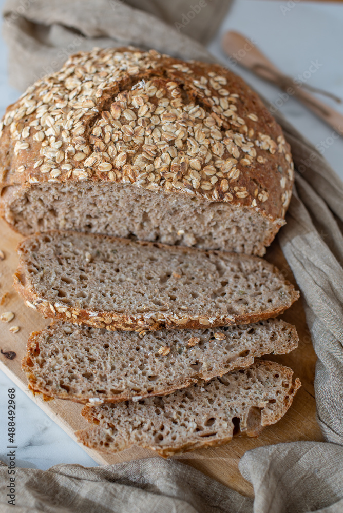 Fresh crispy homemade bread with whole grain flour