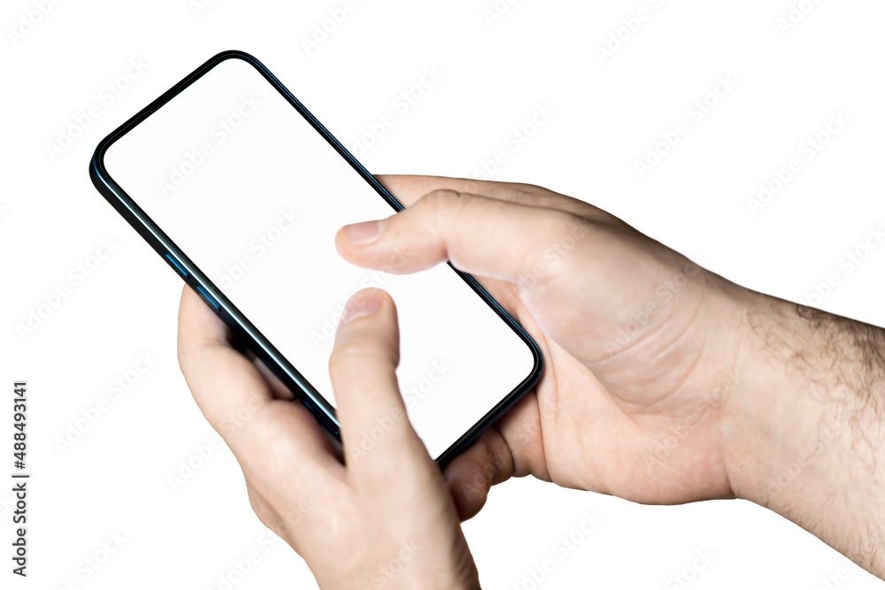 Hand holding a phone with empty white screen on white background Hand holding a phone with empty white screen on white background