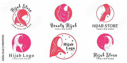Set bundle of muslimah woman logo design wearing hijab Premium Vector