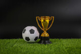 Golden trophy and football on the football pitch, concept of World Cup Qatar 2022