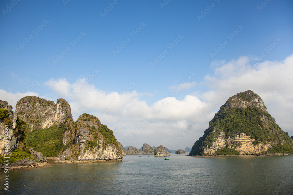 Cruising through the rocky outcrops of Halong Bay in Vietnam