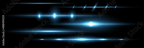 Blue horizontal lens flares pack. Laser beams, horizontal light rays.Beautiful light flares. Glowing streaks on dark background. Luminous abstract sparkling lined background.