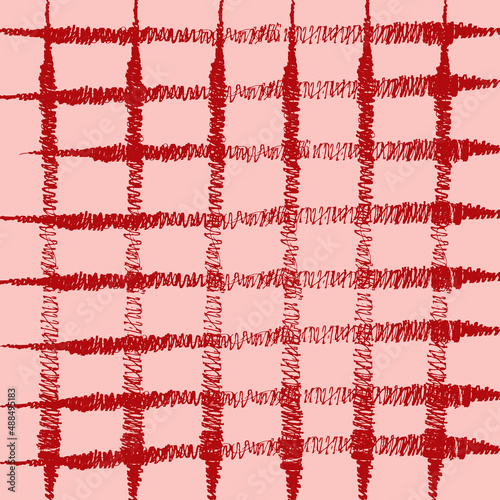 Vector seamless pattern with red ink stripes on pink background. Monochrome hand drawn texture