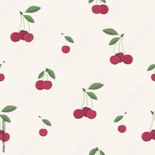 Seamless pattern with cherry berries on light beige background. Can be used for fabric and textile design, texture, scrapbooking and much more.